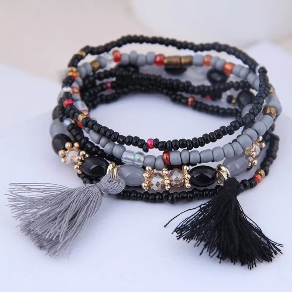 Bracelet Multi layer (6) Bead Tassel Boho Stretch Stackable - Picture 1 of 8
